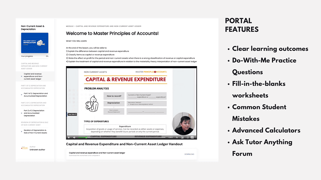 Portal features of master principles of accounts tuition self-paced lessons